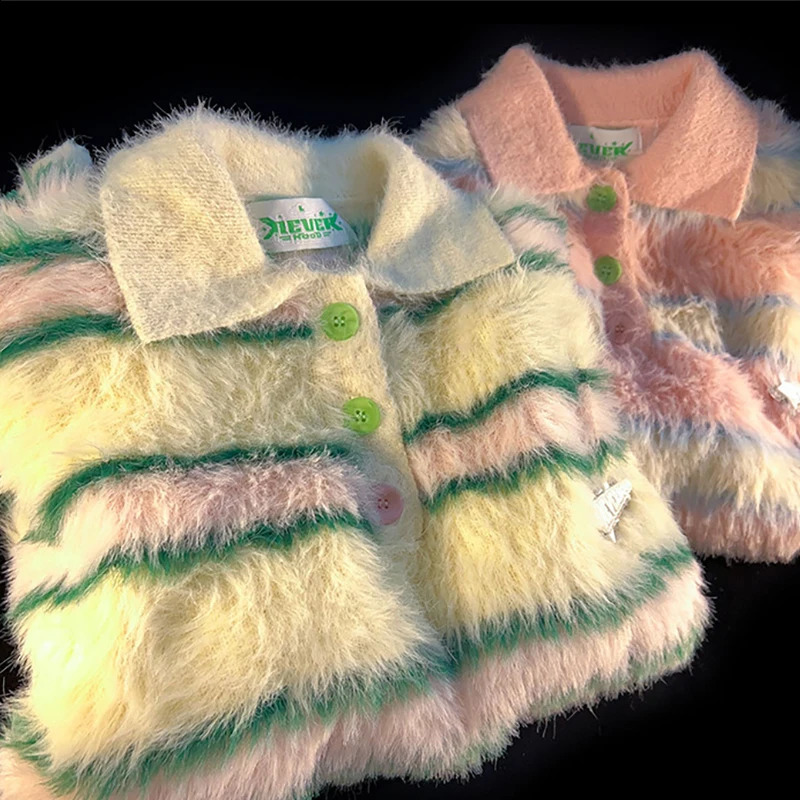 Mohair Sweater Y2K Streetwear Striped Sweater Hip Hop Men Long Sleeve Pullovers Outwear Man Sweaters Loose Knitting Clothing 250113