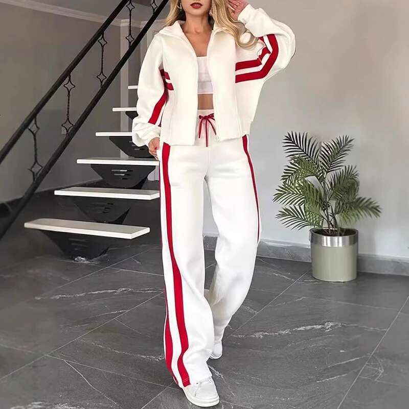 Y2k Clothes Women Striped Print Sportswear Set Fall Lapel Zipper Jacket Lace-Up Pants Outfit Casual Long Sleeve Winter Tracksuit