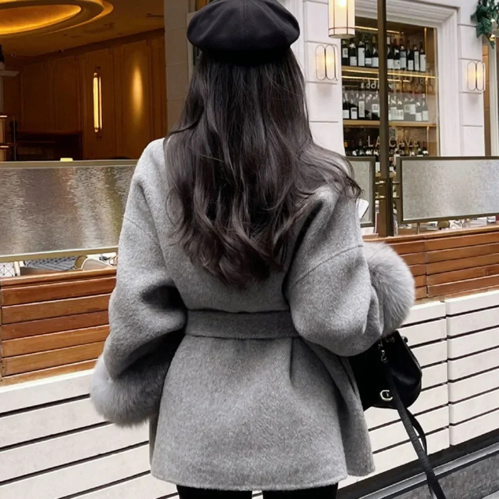 High End Doublesided Wool Strapping Real Fur Coat Womens Removable Cuffs Temperament Cashmere Short Jacket y250113