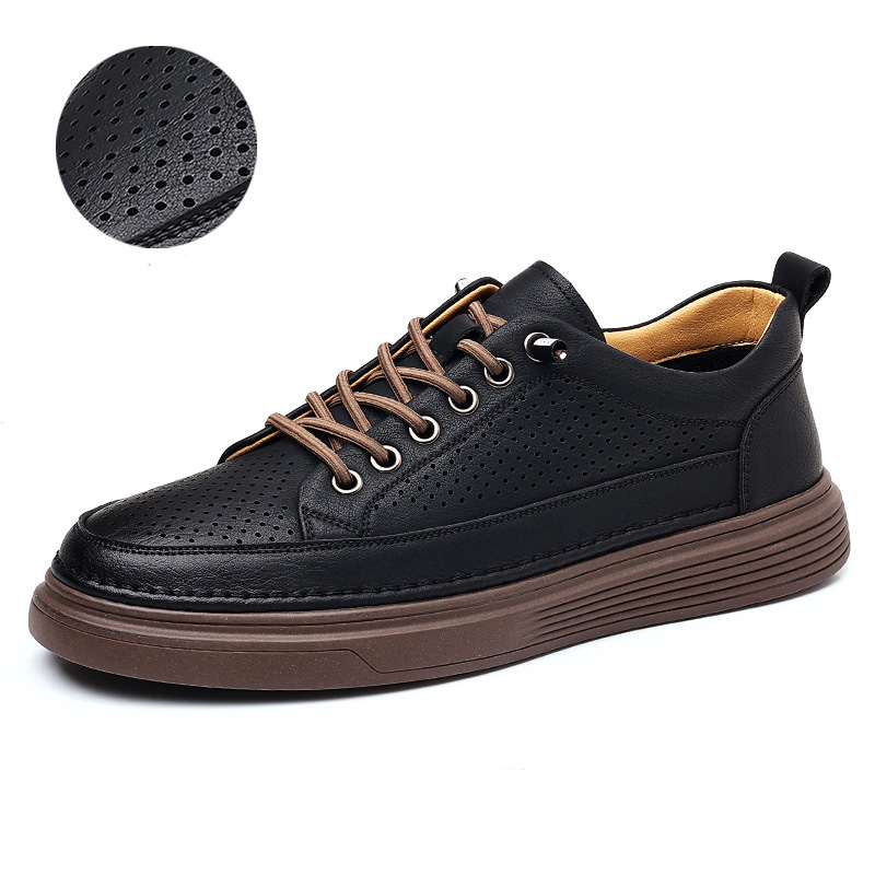 2025 Casual leather men's cowhide perforated business dress men's shoes summer breathable leather shoes driving shoes men