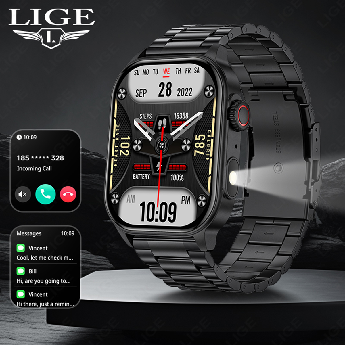 LIGE's latest Bluetooth smartwatch sports meter step multi-functional watch lift screen light sleep monitoring music control Bluetooth call