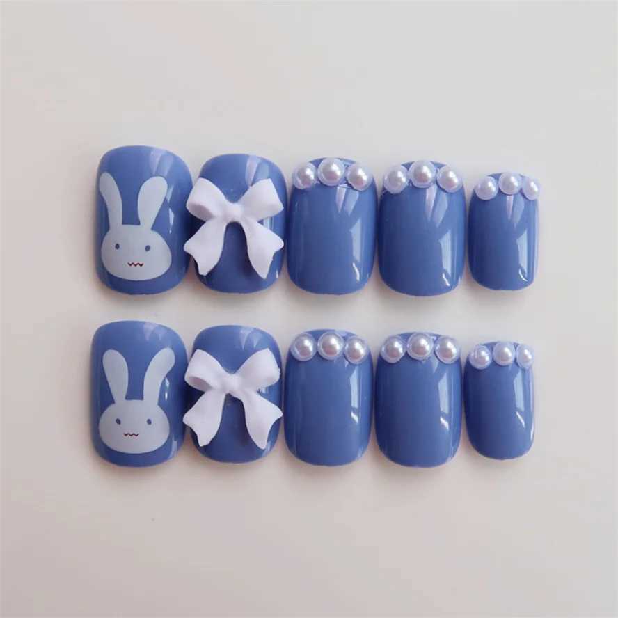 24PCS/Box Bowknot Rabbit Pattern l Short Square Designer Fashion Design French Style Full Covering Pressed Fake NailsW250120