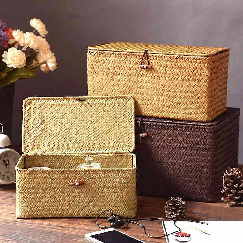 Woven Storage Basket Handmade Box Bath Laundry Baskets with Lid Sundries Clothes Organizer Bathroom Seaweed Towel Container 250116