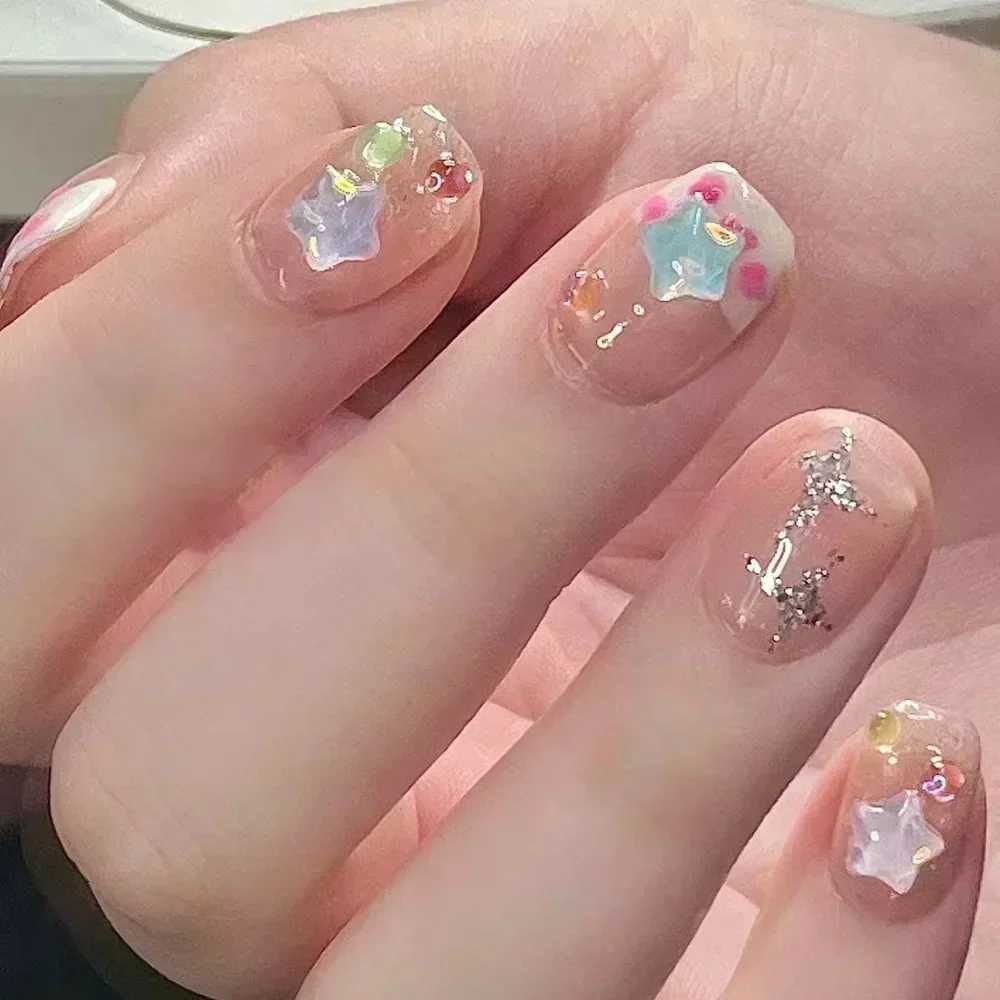 24Pcs Cute Press on Nails Short Square False Nails Glitter Diamond Fake Nails Cat Eye Full Cover Artificial Nails Tips for GirlsW250120