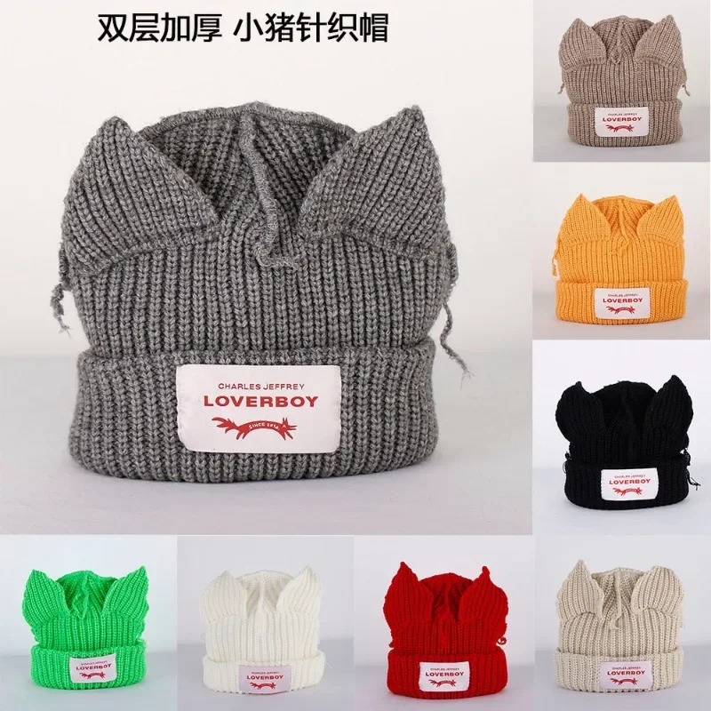 Autumn Winter Cute Cat Ear Beanies Skullies Doublelayer Pig Hat Women Men Warm Outdoor Unisex Knitted Loverboy 250118