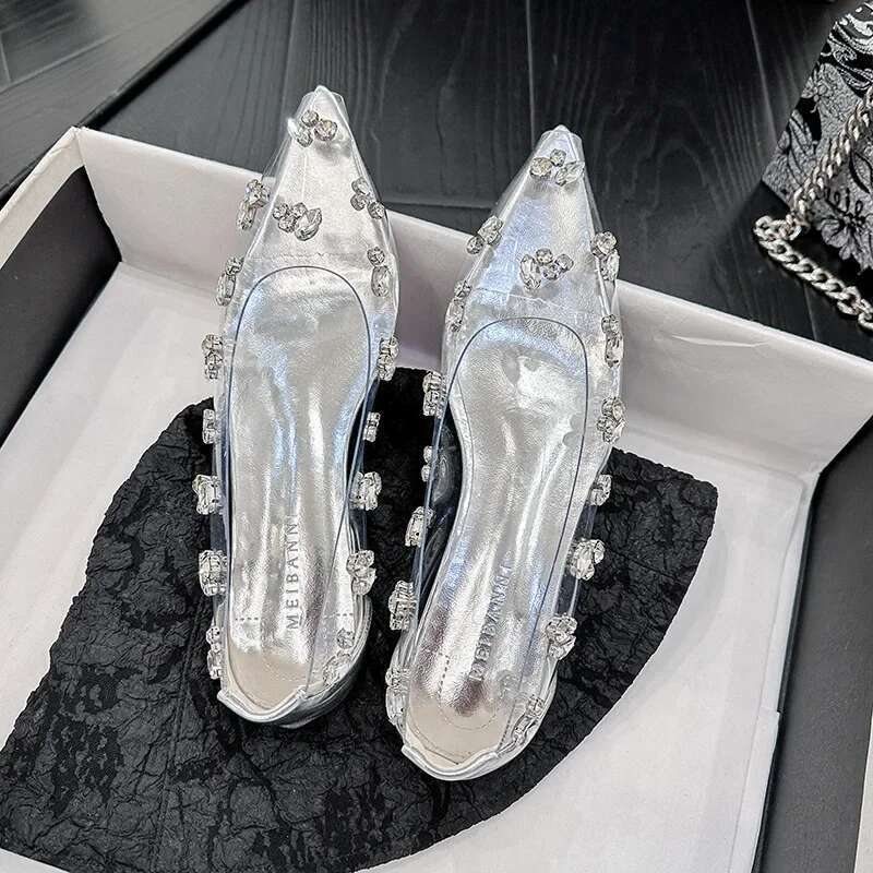 Sier Transparent Rhie High Heels Women 2025 Summer Banquet Red Bottom Fine Heel Crystal Wedding Shoes Tacones Mujer