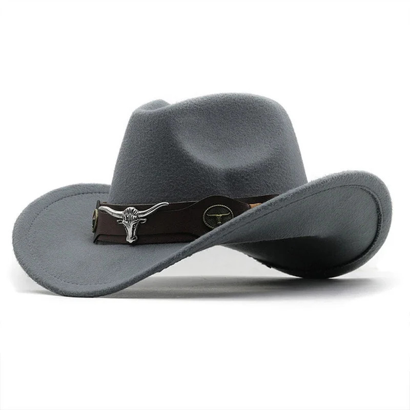 Western Cowboy Hat 4 Sizes Black Woolen Jazz Top Hat Men Ethnic Style Cow Head Ribbon Felt Cap Women ren Riding Fedora Hat 250116
