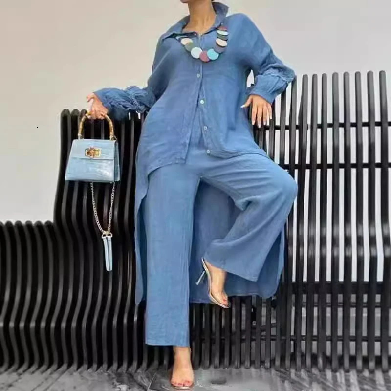 Cotton Linen Solid Color Crochet Set Spring Lapel Button Irregular Top Wide Leg Pant Women 2 Pieces Long Sleeve Fall Suit Outfit 250107