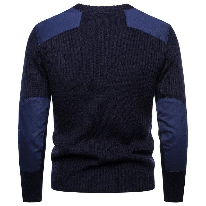 Mens Autumn and Winter Pullover Splicing Sweater Korean Version of Casual Loose Drawstring Round Neck Knitted Top 250114Z