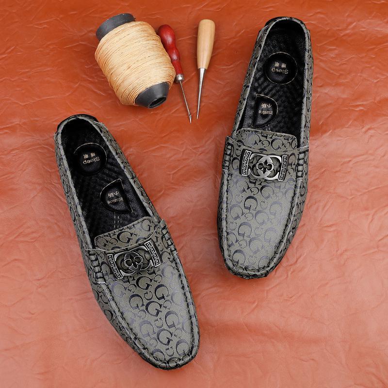 Light luxury bean shoes men's genuine leather 2023 new lazy shoes trendy brand British casual printed one foot loafers