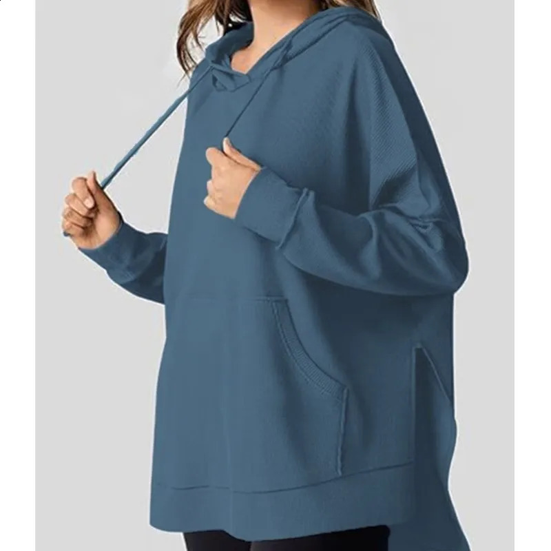 Autumn/Winter Womens Hoodie Waffle Knitted Side Split Hoodie Sweatshirt with Long Sleeve 250113