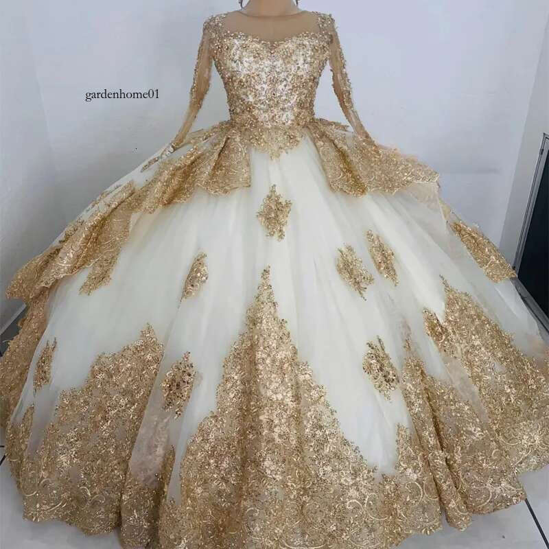 Appliques Gold Lace Quinceanera Dresses Long Sleeved Vestidos De Anos Ball Formal Birthday Corset Train Party Prom Gown