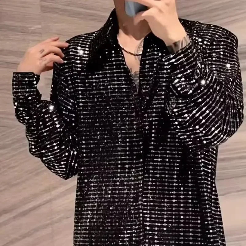 Nightclub mens long sleeved summer loose collared single chest sequined casual shirt 250110