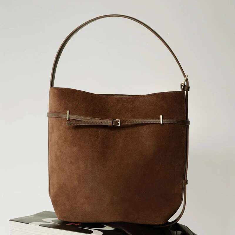 Toffee Faux Suede Belted Tote Bags For Women Designer Handbags Purses 2024 New In PU Belt Buckle Underarm Bucket Shoulder