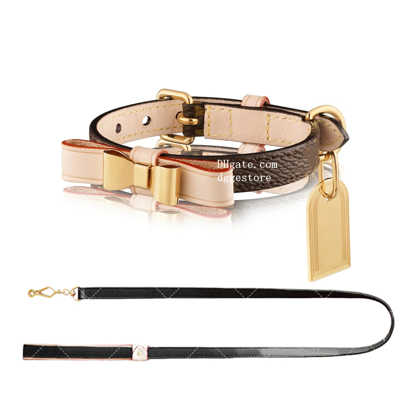 Designer Dog Collars Leash set, Soft Padded Luxury Leather Dog Collar Bow, Custom Heavy Duty Collar with Metal Hardware, Durable & Comfortable for Small Medium Dog-XL B208