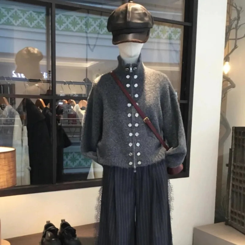 Fluffy Knitted Cardigan Sweater woman High Collar Double Breasted Sweater Coat Autumn Winter Lazy Zipper Knitwear Top 250113