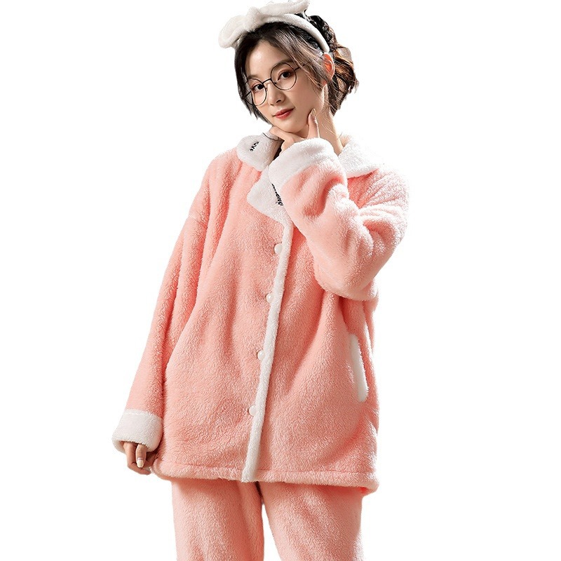 Z32-New autumn and winter coral fleece pajamas women's lapel cardigan flannel ladies home clothes suit