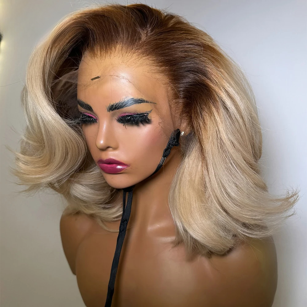 Ombre Blonde Short Bob Human Hair Wigs for Women 360 Lace Frontal Wig Human Hair 13x4 Transparent Lace Wig Ombre Honey Blonde Synthetic Wig 180%