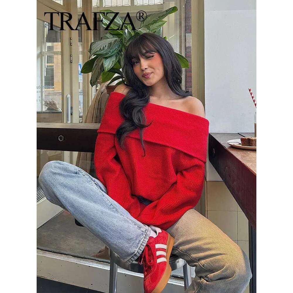 hoodie Women's Wear TRAFZA Women Fashion Solid Off Shoulder Long Sleeve Knitted Pullover Sweater Autumn Female Casual Knitwear Chic Top jacket