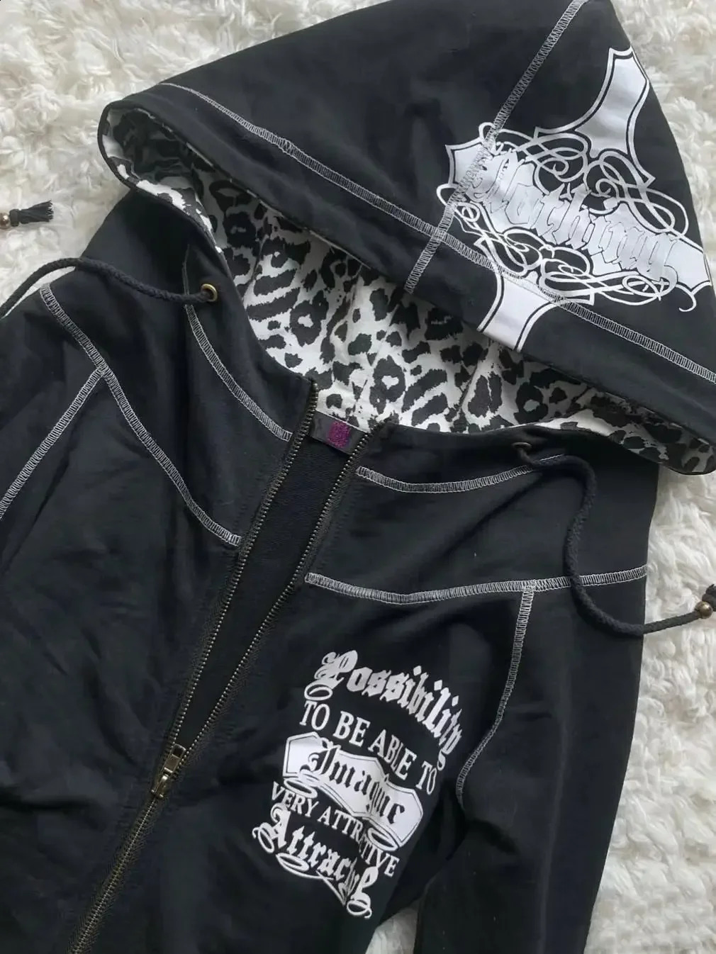 Trendy American leopard print splicing n slim zipper hoodie for women retro gothic y2k street casual cardigan zipper jacket 250113