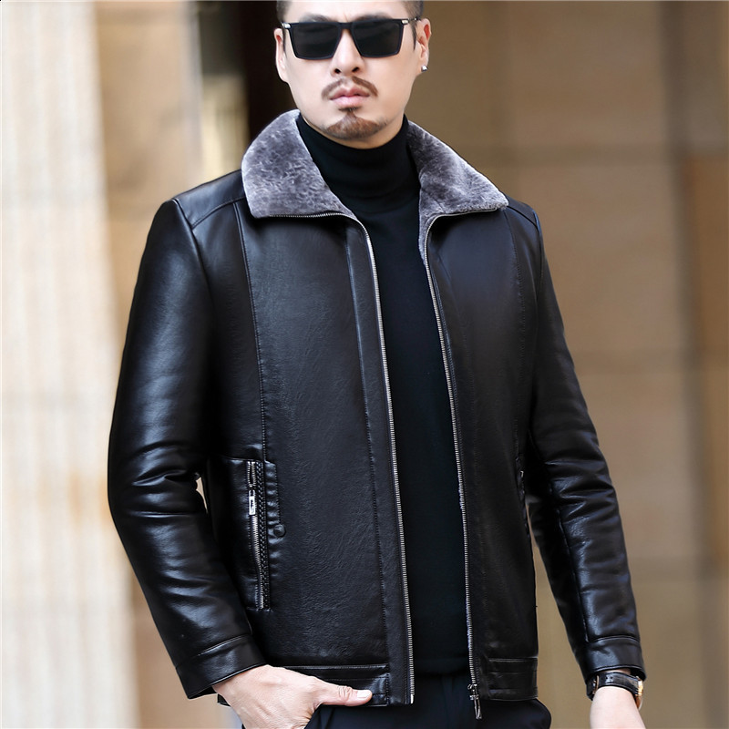 Haining loose fur one-piece dad suit leather jacket mens sheepskin casual leather jacket middle-aged mens thick coat 241118