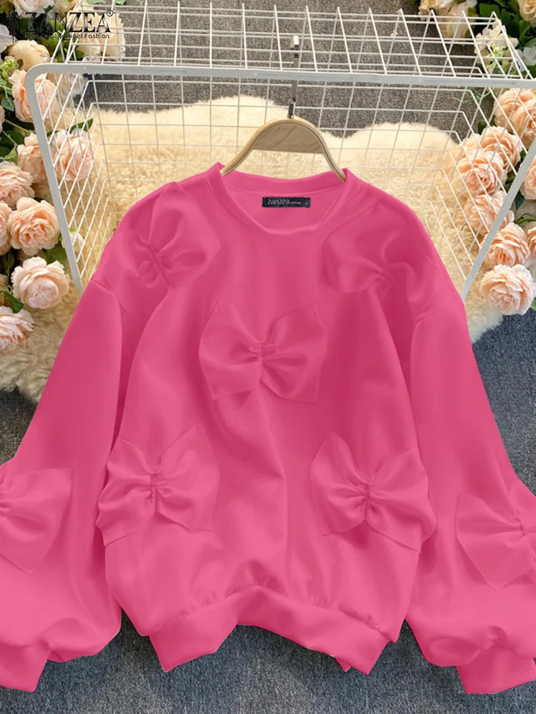 Holiday Autumn Long Sleeve Sweety Tops ZANZEA Women Bowtie Stitching Pullover Fashion Solid Sweatshirt Casual O-neck Hoodie 250113