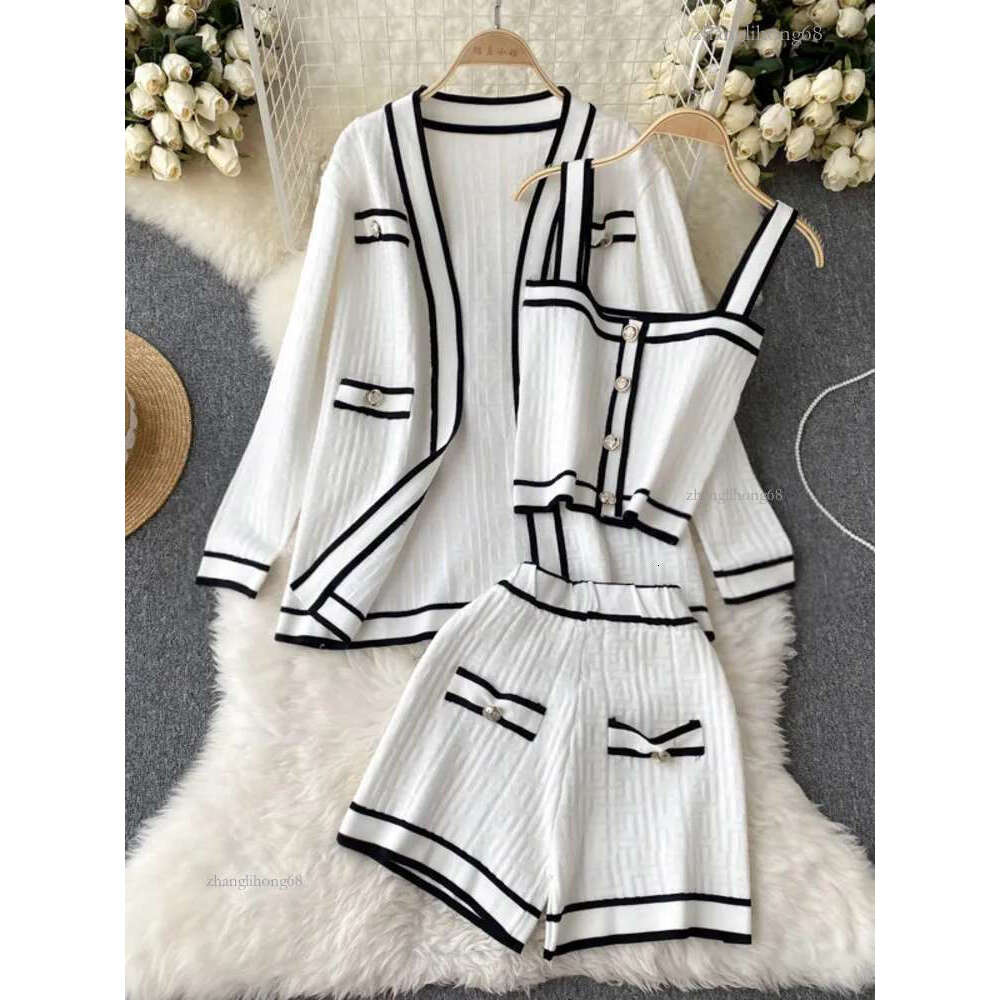 Womens Two Piece Pants Casual Long Sleeve V Neck Cardigan Jacket Sling Vest High Waist Shorts High Quality Chic Button Knitted Vintage 3 Piece Sets 23
