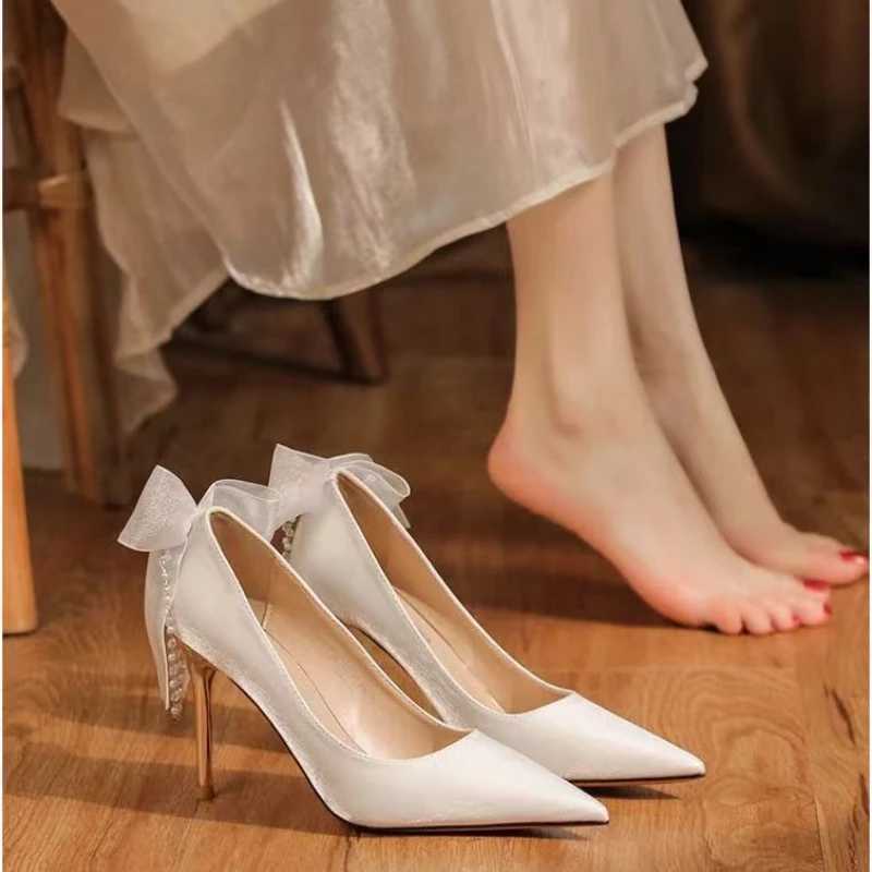 Wens Sandals Summer New High Pointed Satin Bow Beaded Wedding Shoes New Fashion Temperament Stiletto Hot Party H Z250121