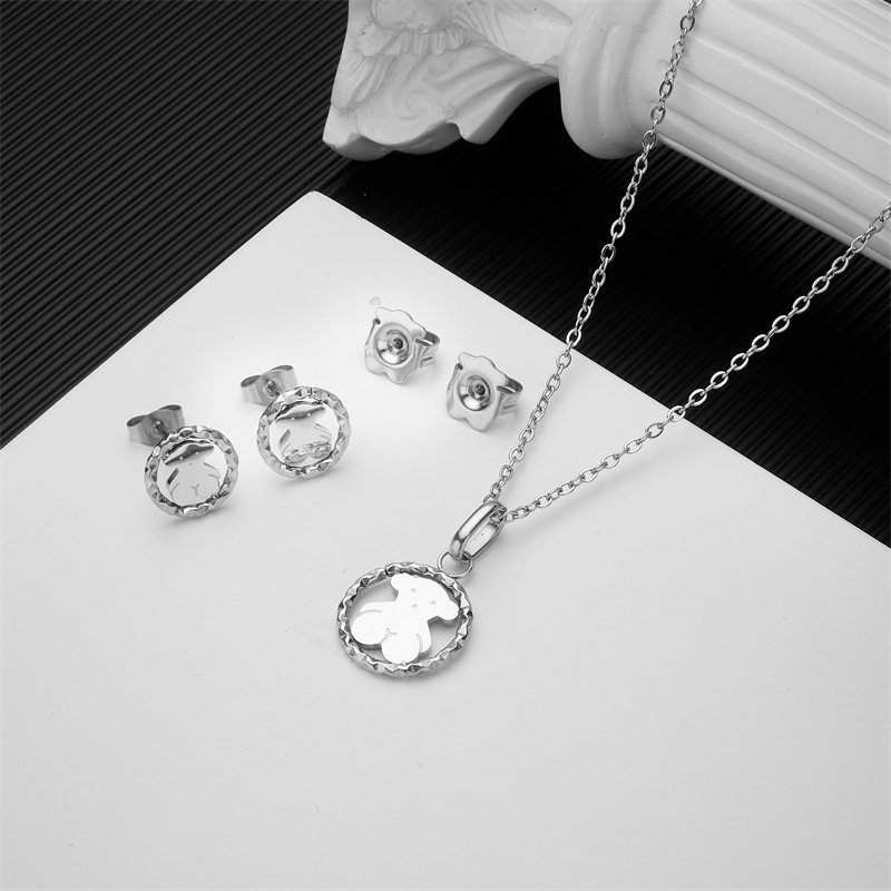 Fashion Women Silver Gold Stainless Steel Bear White Pearl Circle Pendant Earrings Sets Jewelry