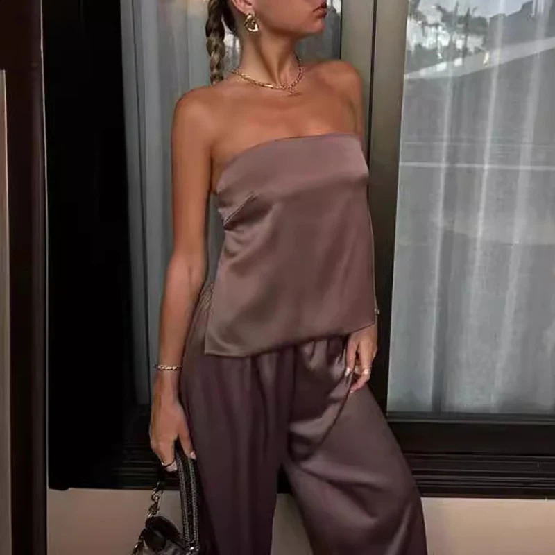 Sexy Strapless Top Long Pants Suit Fashion Hollow Out Off Shoulder Satin Two Piece Set Womens Solid Color Loose Outfit 250117