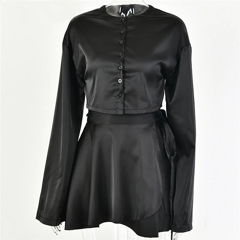 White Elegant Satin 2 Two Piece Set Women Lantern Long Sleeve Crop Tops Cardigan Sexy High Waist Mini Tennis Sport Skirts 250109