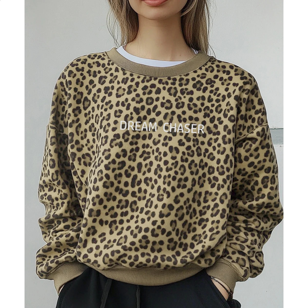 Mia Muse Womens Sweatshirts Autumn Winter Wild Basics Letter Leopard Print Long Sleeve Crew Neck Fashion Sweatshirts 250113