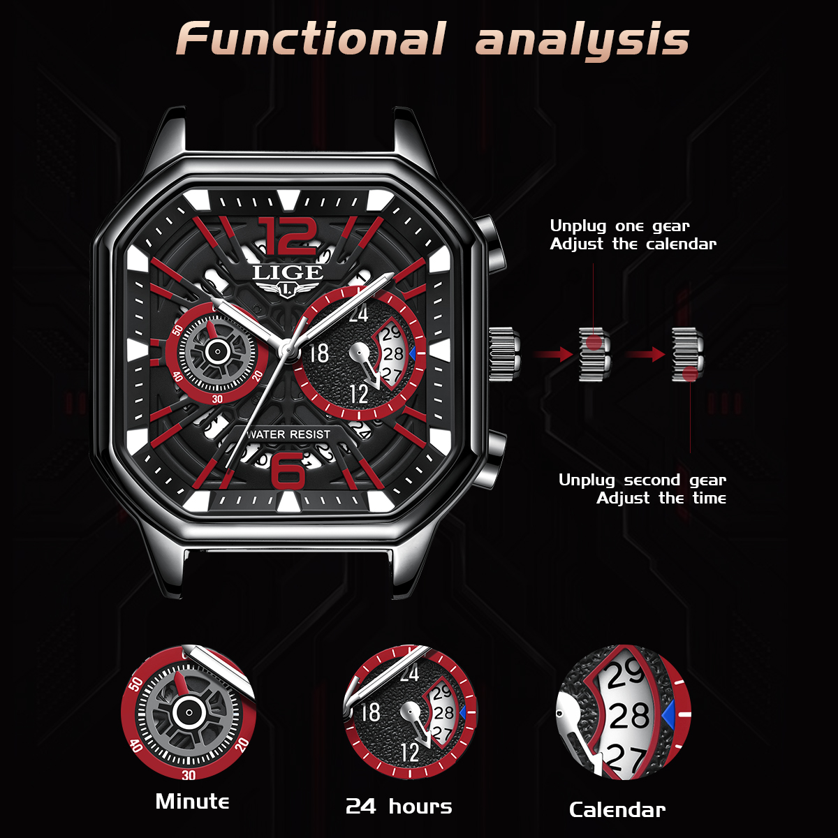 LIGE Men's Business Quartz watch Premium brand watch Premium leather strap Square dial Men's six-pin multi-function waterproof watch Holiday