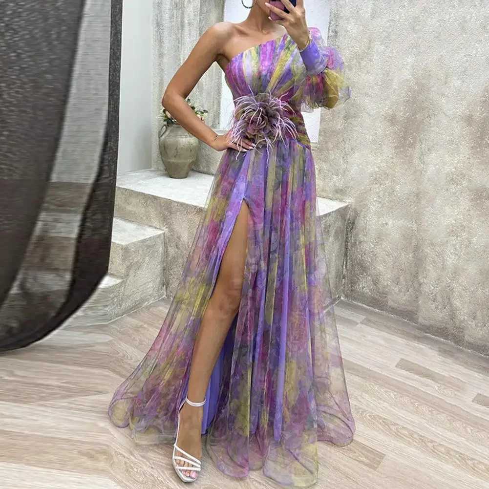 Basic Casual Dresses Elegant Formal Party Dress Elegant One Shoulder Tie-dye Ball Gown with Mesh Bubble Slves Split Hem Womens Evening Dress H25121