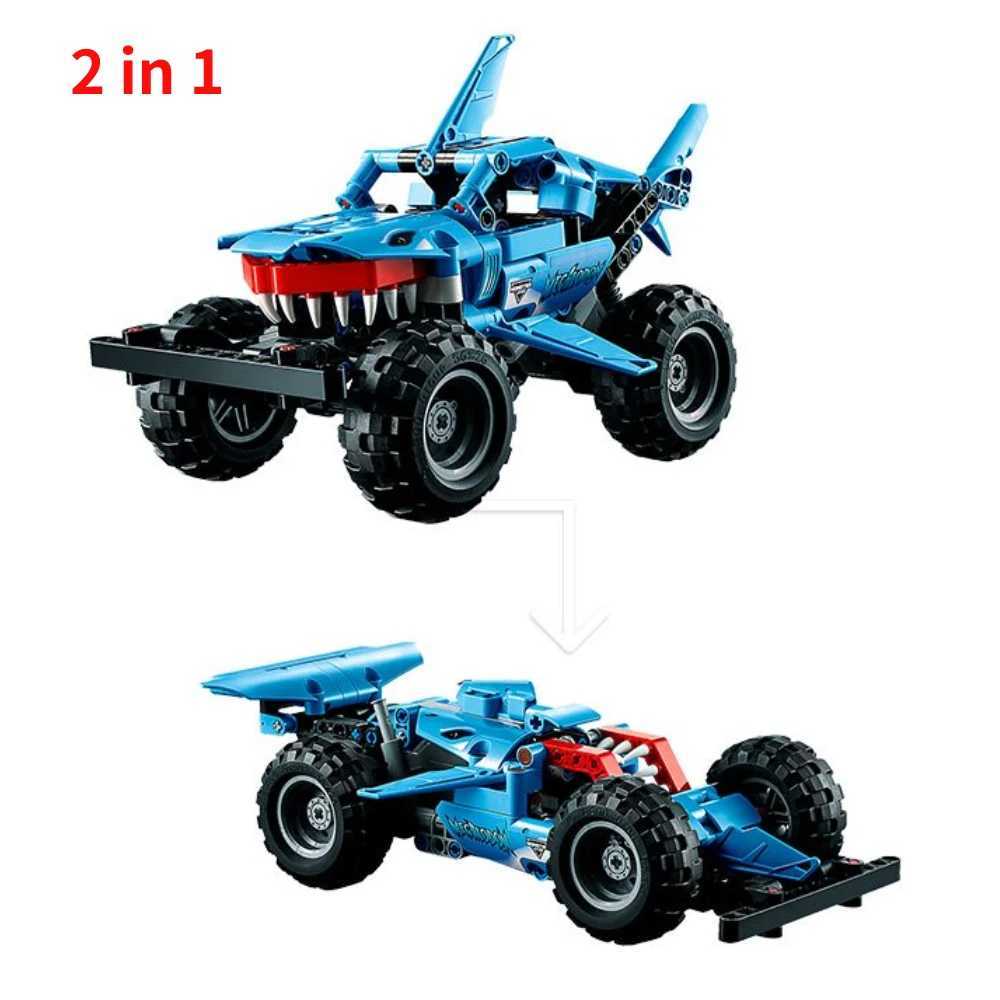 Free shipping Technical Monster Jam Megalodon 42134 Building Blocks Set 2 in 1 Pull Back Shark Truck Race Car Model Boys Toys Christmas Gifts