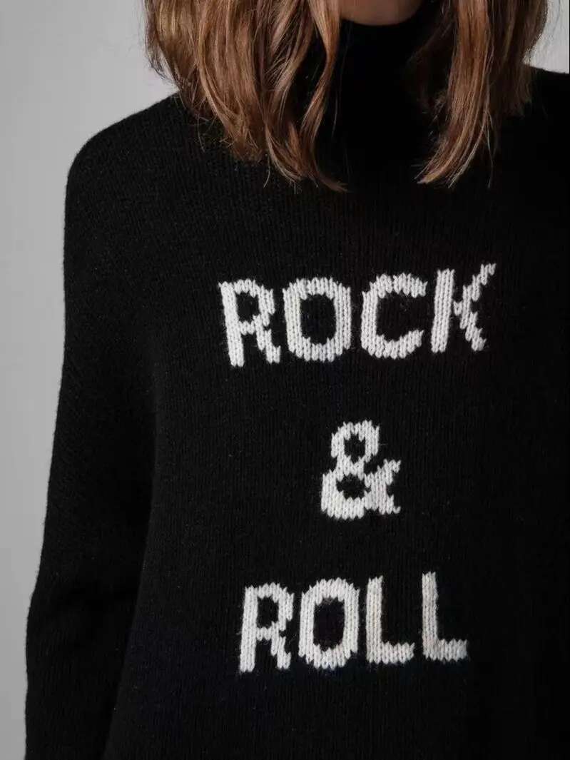 100% Cashmere Women Turtleneck Sweater 2022 New 2 Colors Letter Jacquard Casual Long Sleeve Female Jumper Tops For Autumn Winter