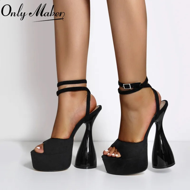 Onlymaker Women Peep Toe Sandals Black Flock Platform Ankle Strap High Heel Shoes Female Big Size Party Dress Sexy 250117BJ