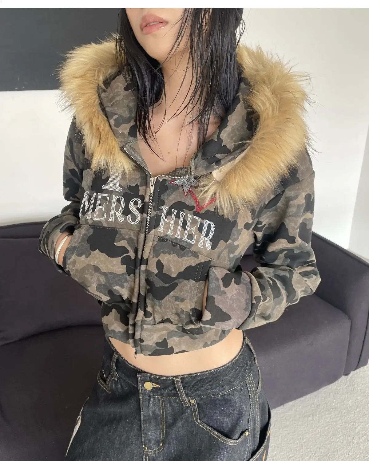 Harajuku Zip Up Hoodie camouflage Long Sleeves Tops American Vintage Hoody Harajuku Kpop Punk Coats Top Women Y2k Grunge Hoodies 250113
