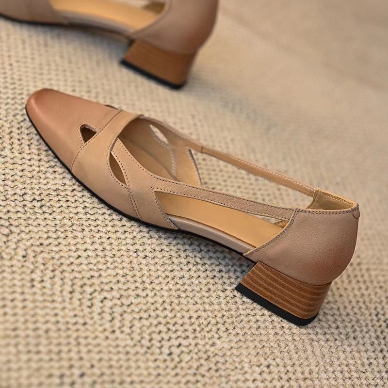 Women Dress Shoes Fashion Chunky Heel New Style French Vintage Triple Apricot Free shipping