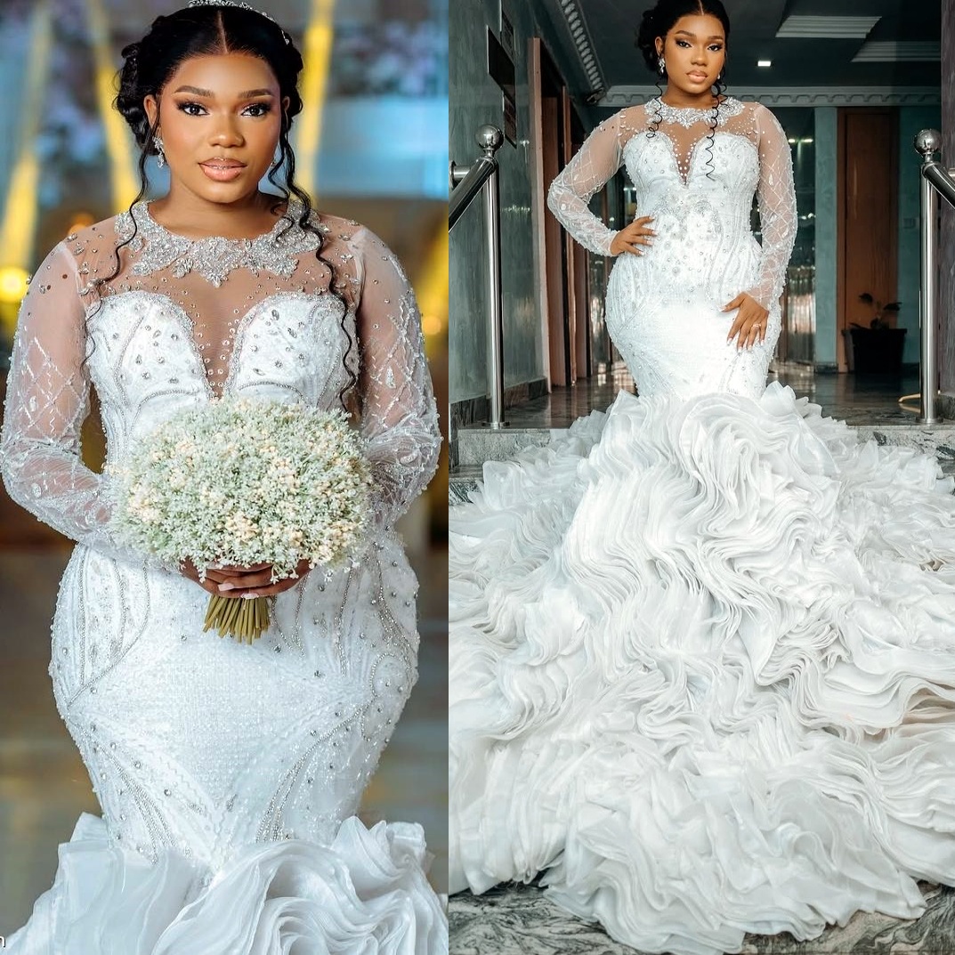 2025 Arabic Aso Ebi Plus Size Ivory Wedding Dresses Crystals Beaded Lace Tiers Organza Bridal Gowns Dress For Bride