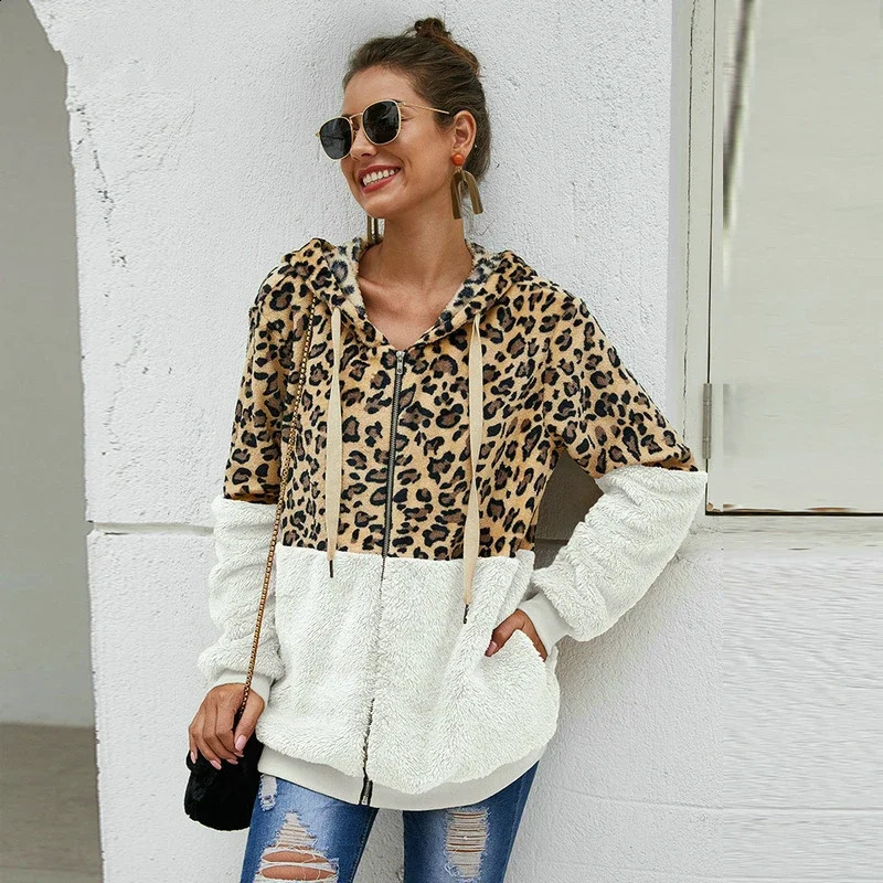 Autumn Winter Leopard Sweatshirts Women Long Sleeve Hooded Hoodies Casual Zipper Thick Hoodie Top Warm Coat Polerones Mujer 250113