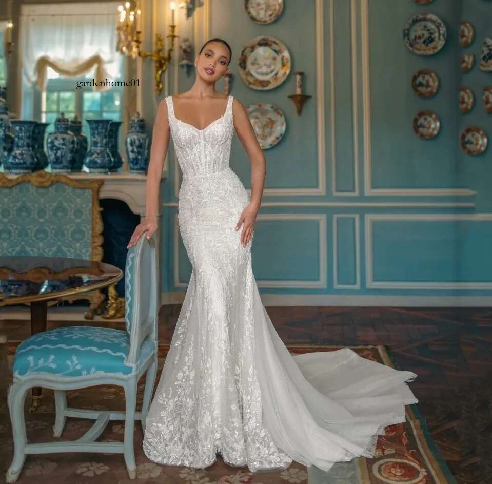 Wedding Exquisite Dress For Woman Square Neck Mermaid Lace Appliques Beads Sequins Bridal Gown Tulle Sweep Train Vestidos De Novia