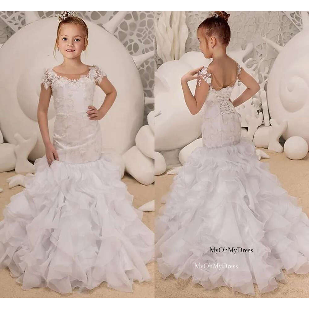 Dresses Mermaid Wer For Wedding Ral Lace Appliques Short Sleeves Ruffles Junior Bridesmaid Gowns Sweep Train Little Girl Formal Party Dress 0121