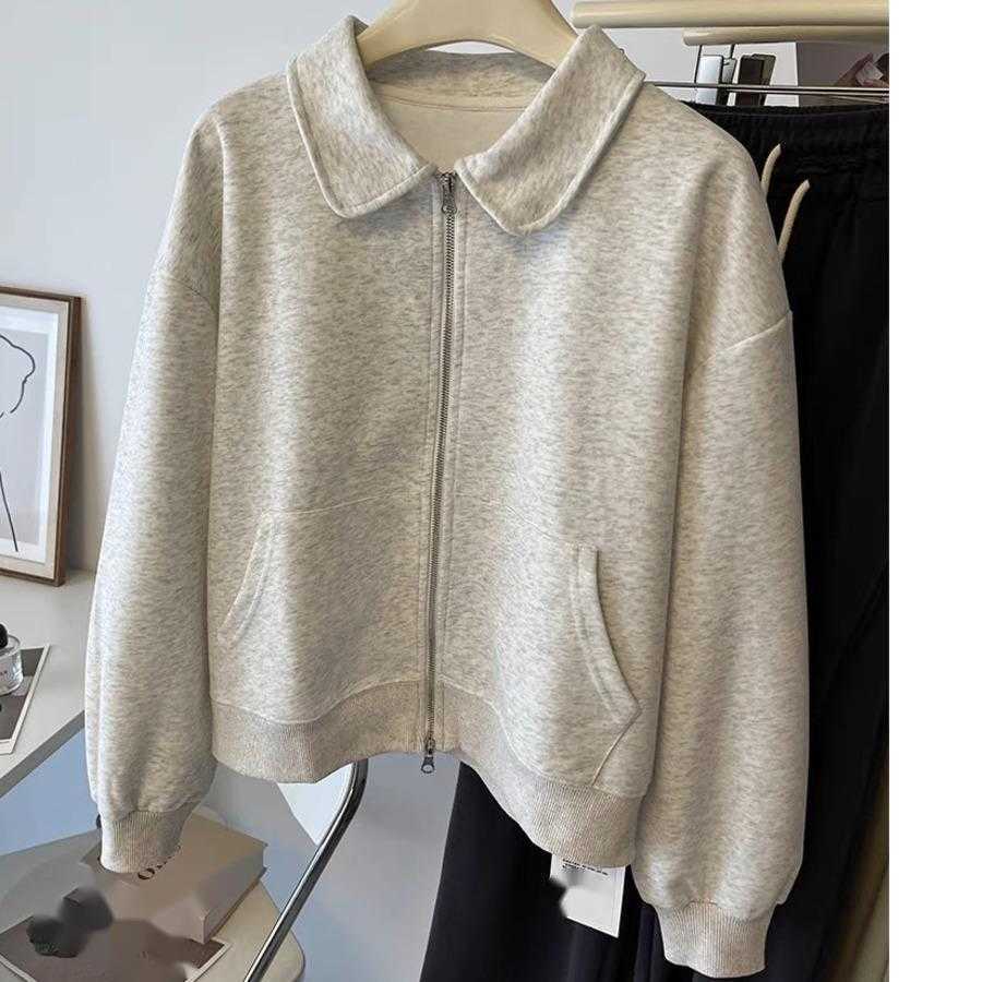 Flip Collar Double Zipper Hoodie For Women Autumn And Winter With Thick Cardigan Jacket Short Loose Trendy Women Jackets Coat Woman 241209