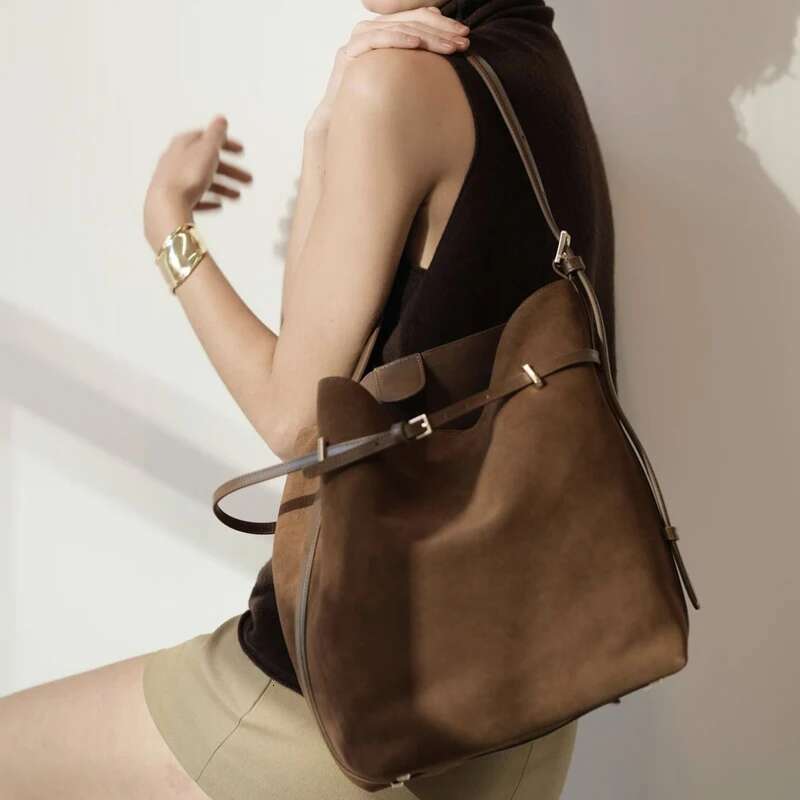 Toffee Faux Suede Belted Tote Bags For Women Designer Handbags Purses 2024 New In PU Belt Buckle Underarm Bucket Shoulder