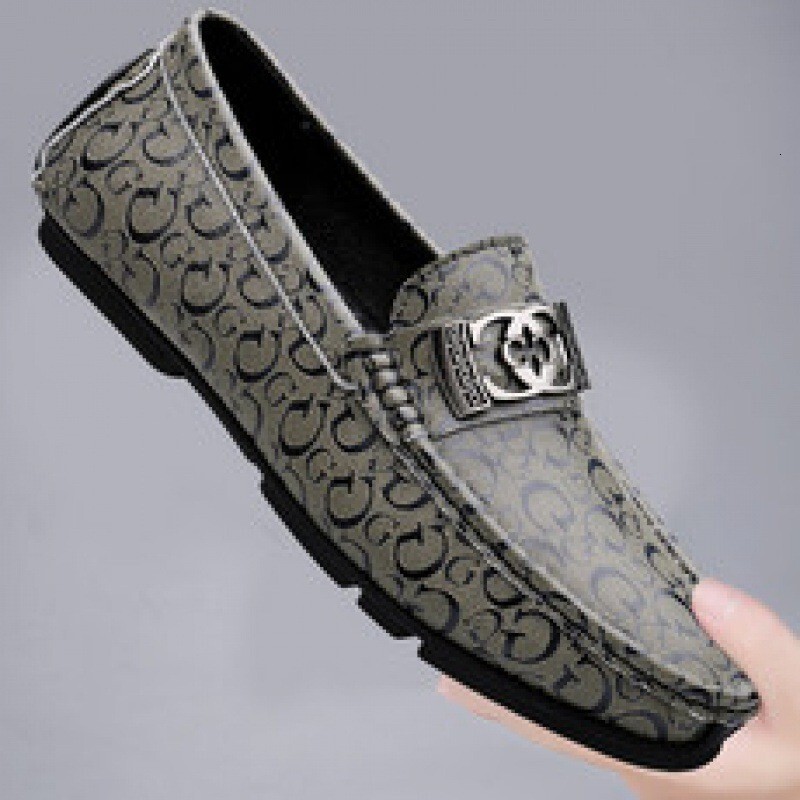 Light luxury bean shoes men's genuine leather 2023 new lazy shoes trendy brand British casual printed one foot loafers