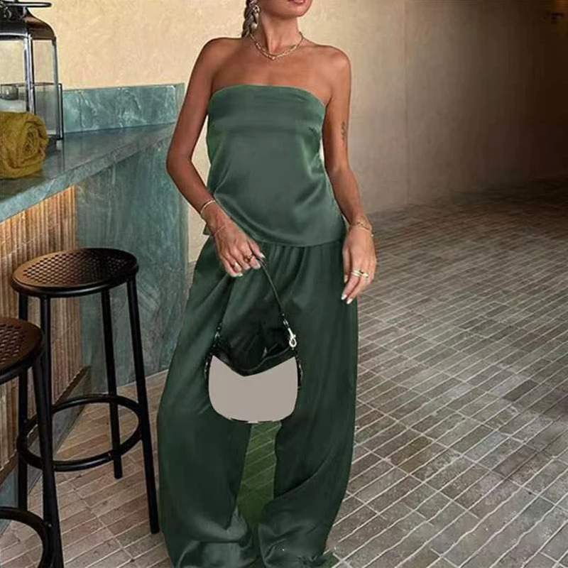 Sexy Strapless Top Long Pants Suit Fashion Hollow Out Off Shoulder Satin Two Piece Set Womens Solid Color Loose Outfit 250117