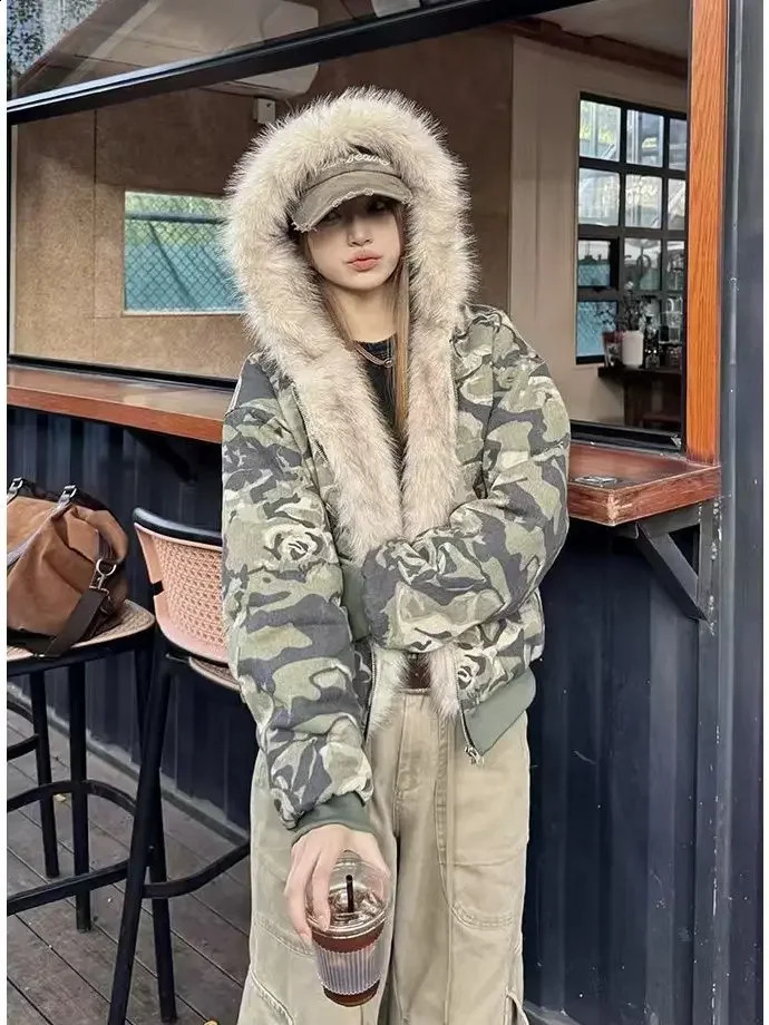 American Vintage Camouflage Plush Hat Jacket Y2K High Street Hip hop Harajuku Loose Women Make Old Hoodies Fashion Streetwear 250113