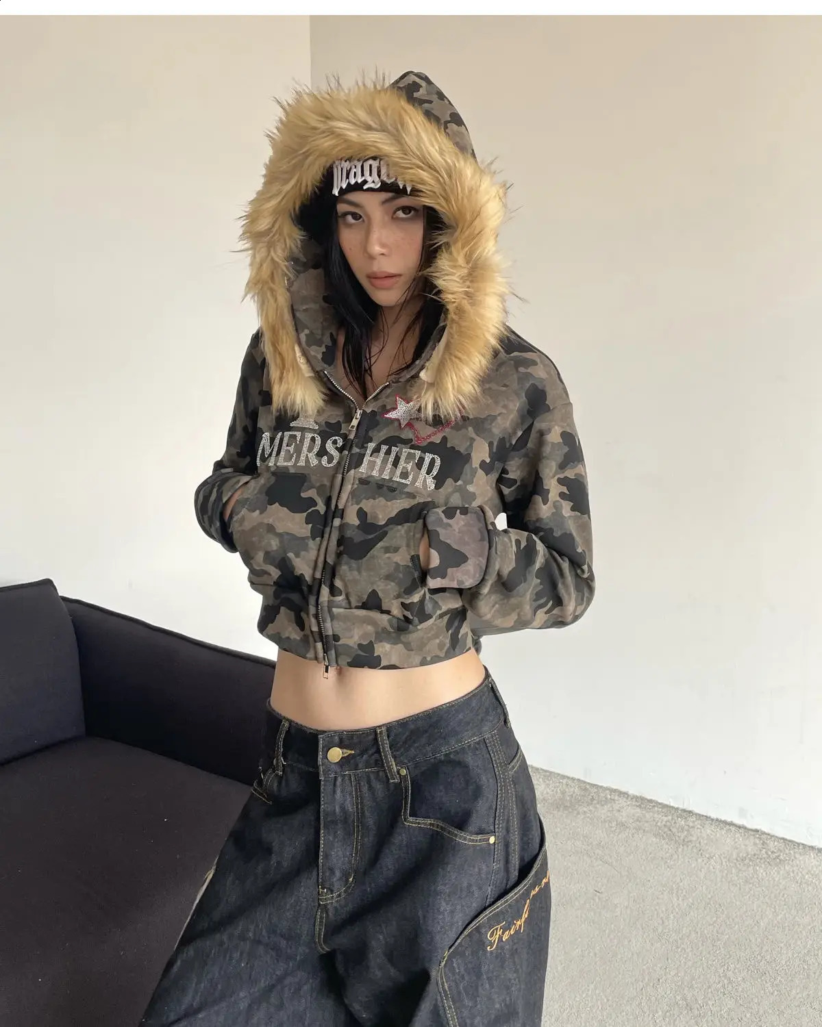 Harajuku Zip Up Hoodie camouflage Long Sleeves Tops American Vintage Hoody Harajuku Kpop Punk Coats Top Women Y2k Grunge Hoodies 250113