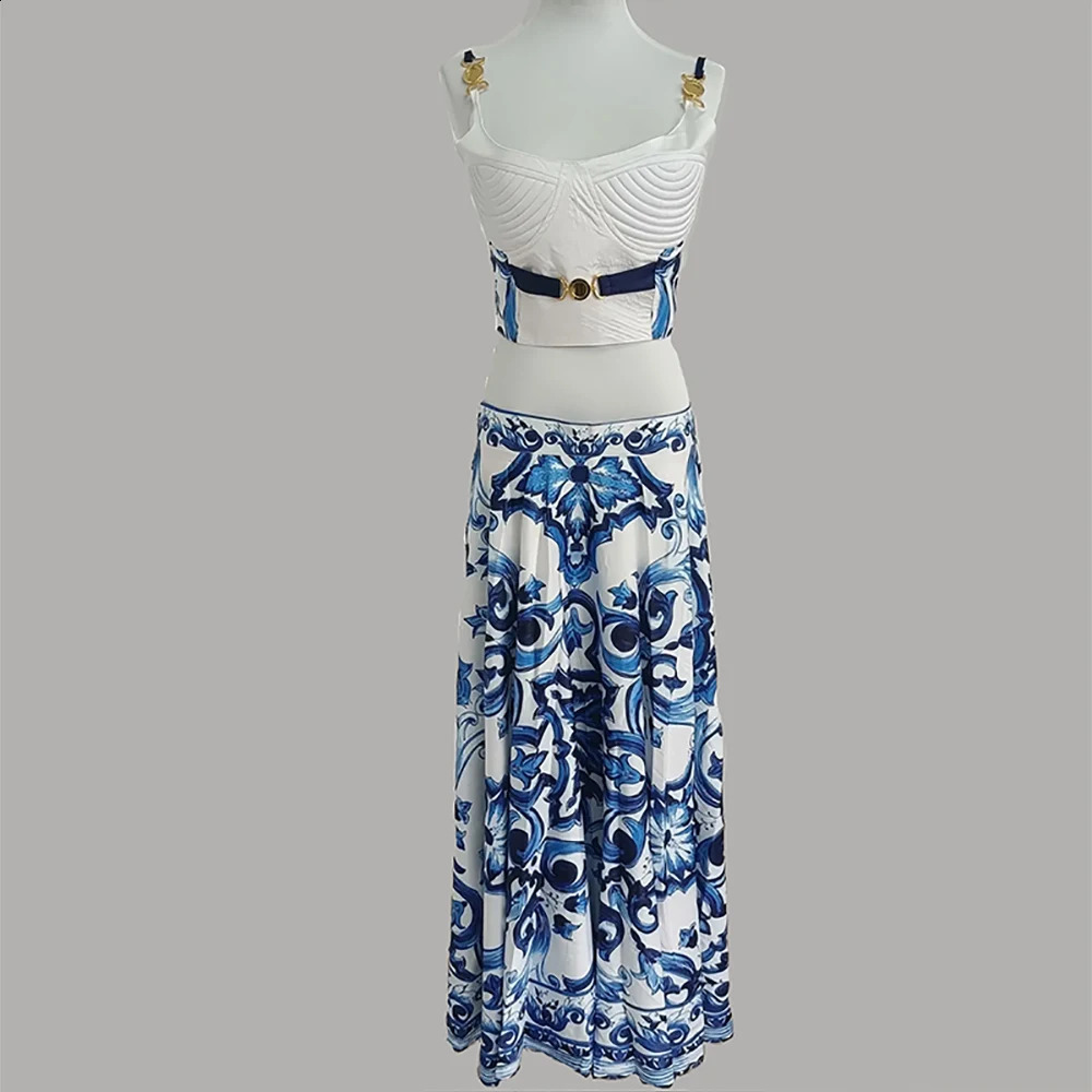 Print Sling Skirt Big Hemline Dress Two-piece Set Boho Holiday Blue And White Porcelain Set Elegant Long Skirt Dress Suits 250116